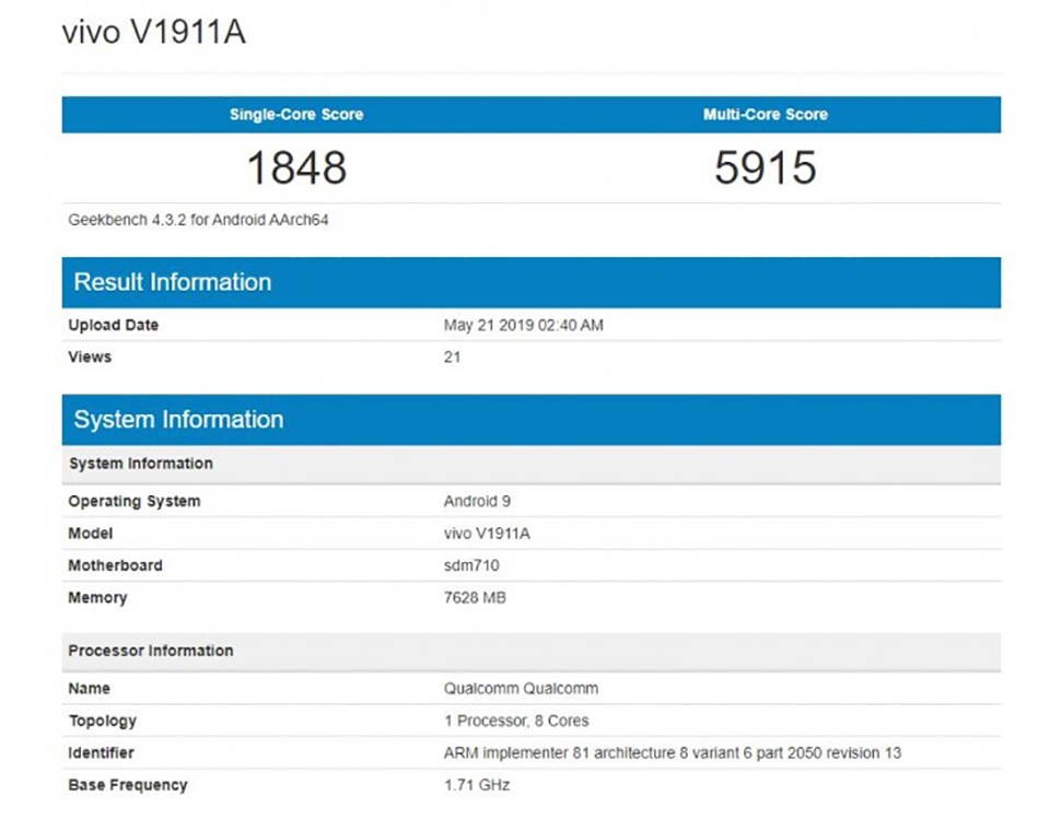 Vivo Z5x lộ cấu hình trên Geekbench Vivo Z5x lộ cấu hình trên Geekbench