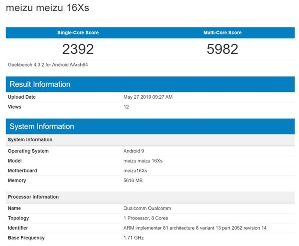 Meizu 16Xs lộ cấu hình trên Geekbench (ảnh 2)