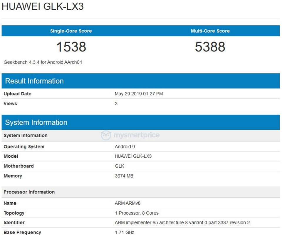 Huawei Nova 5i lộ cấu hình trên Geekbench