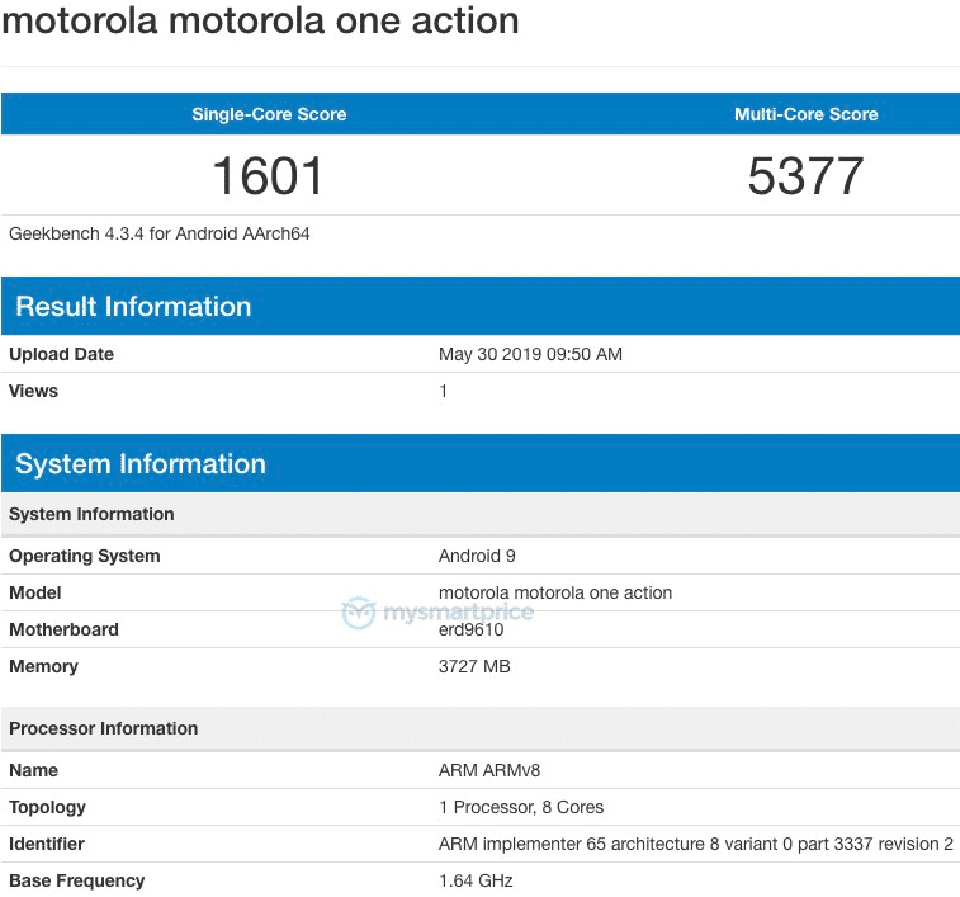 Motorola One Action lộ cấu hình trên Geekbench