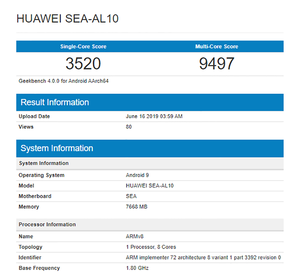 Cấu hình Huawei Nova 5 Pro trên Geekbench Cấu hình Huawei Nova 5 Pro trên Geekbench