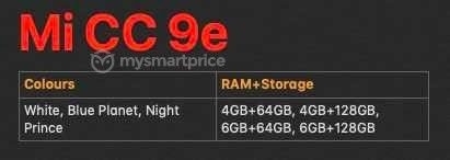 Các tùy chọn Xiaomi Mi CC9e