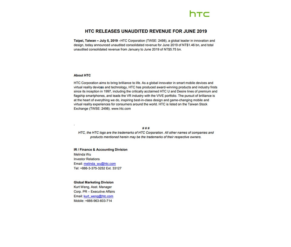 Kết quả doanh thu tháng 6 của HTC