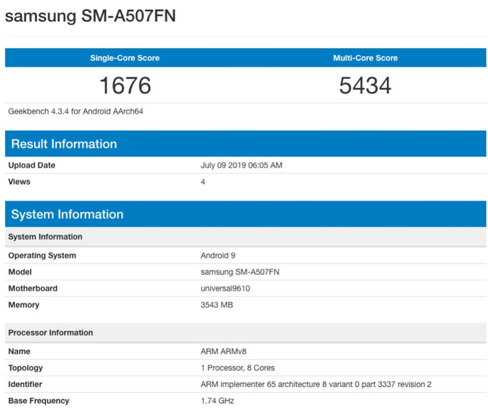 Galaxy A50s lộ cấu hình trên Geekbench