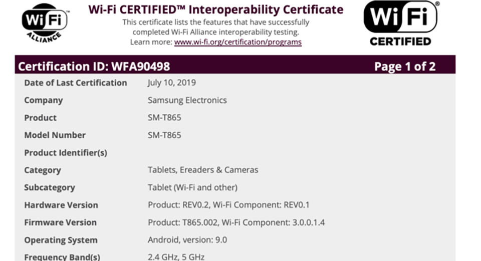 Galaxy Tab S6 đạt chứng nhận WiFi