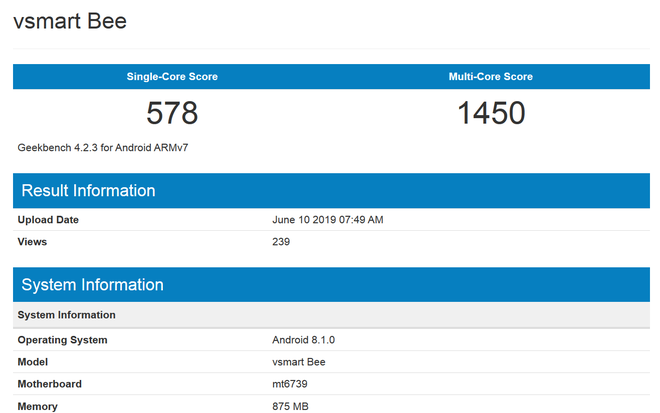 Điểm số Geekbench của Vsmart Bee xuất hiện