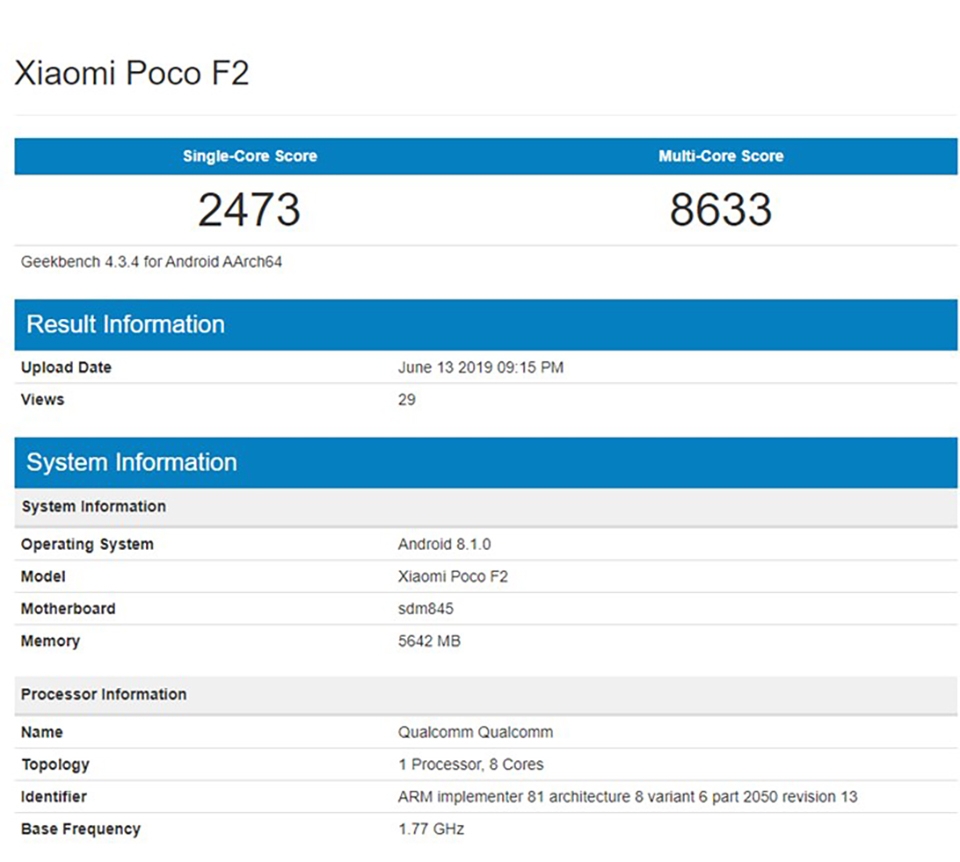 Poco F2 lộ cấu hình trên Geekbench