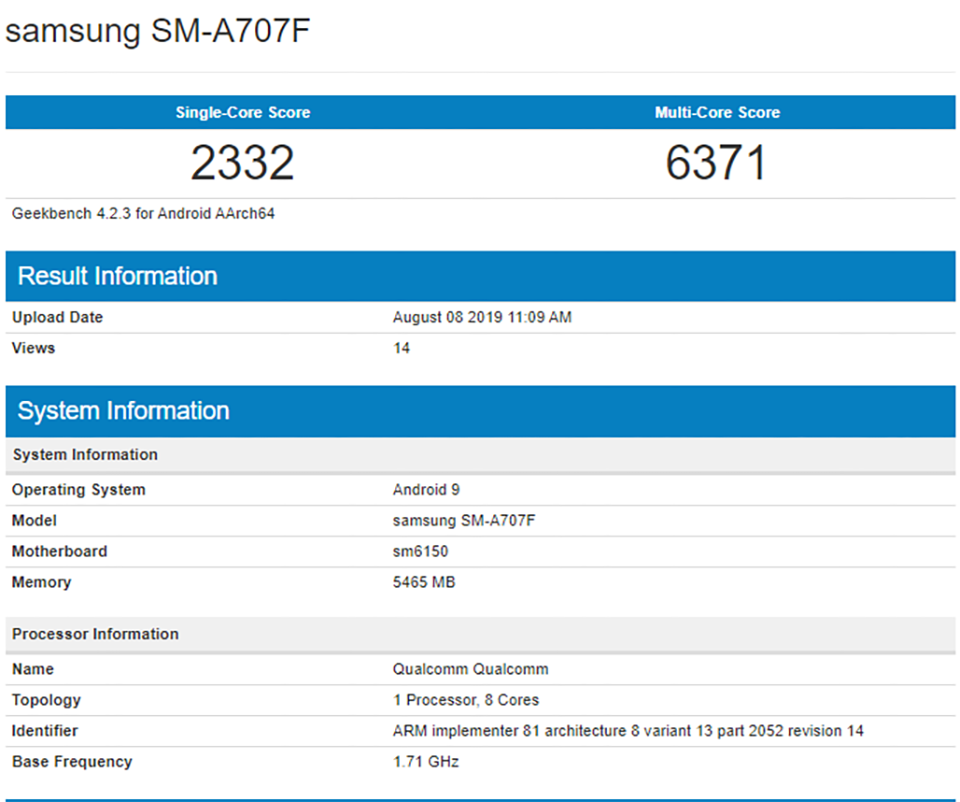 Galaxy A70s lộ cấu hình trên Geekbench Galaxy A70s lộ cấu hình trên Geekbench