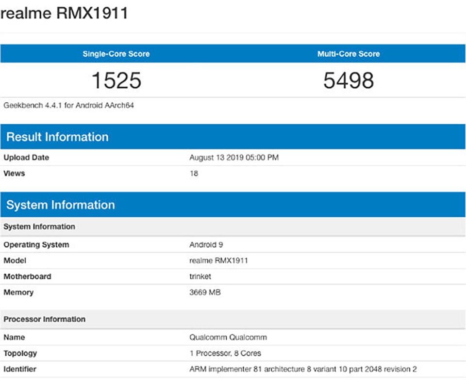 Realme 5 lộ cấu hình trên Geekbench Realme 5 lộ cấu hình trên Geekbench