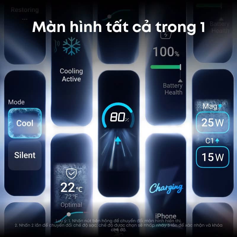 Màn hình thông minh trên Anker MagGo Power Bank 2 Pro hiển thị mức pin, công suất và chế độ làm mát để người dùng dễ dàng theo dõi.