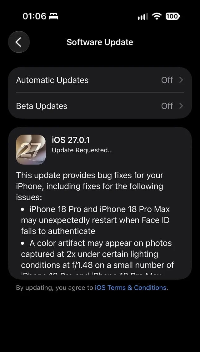 iPhone tương thích có thể tải iOS 27.0.1 trực tiếp trong mục Cập nhật phần mềm.
