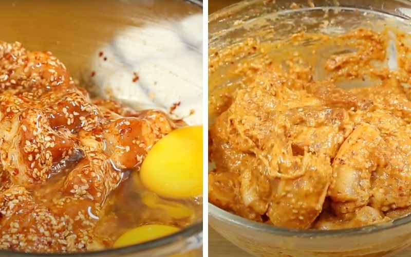 Trộn thịt ba chỉ với trứng và bột