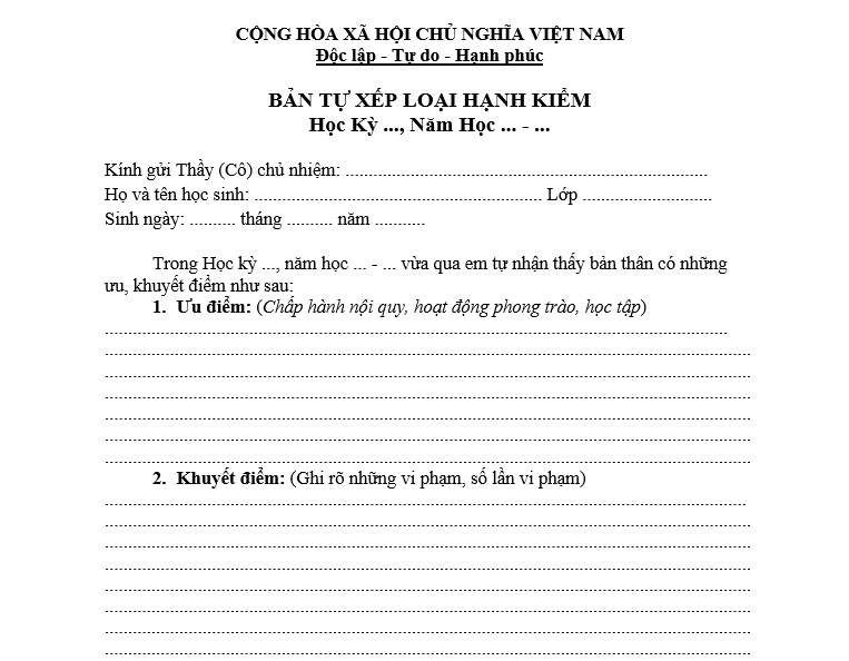 bản tự xếp loại hạnh kiểm 1