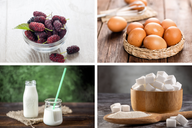 Nguyên liệu chuẩn bị cho bánh flan dâu tằm