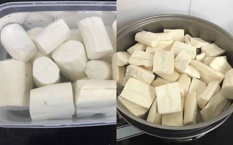 Gọt bỏ vỏ sắn, rửa sạch nhiều lần với nước