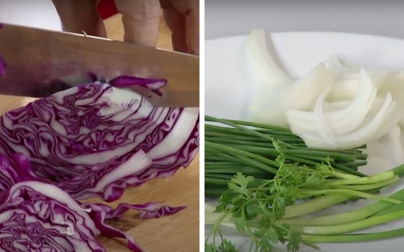 Sơ chế các nguyên liệu khác làm bắp cải tím xào dồi trường