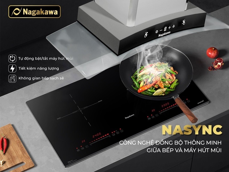 Bếp điện từ đôi Nagakawa NK2C02M kết nối chung với máy hút mùi