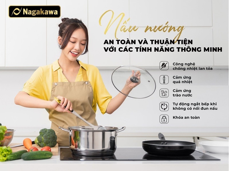 Bếp điện từ đôi Nagakawa NK2C02M tích hợp nhiều tính năng an toàn