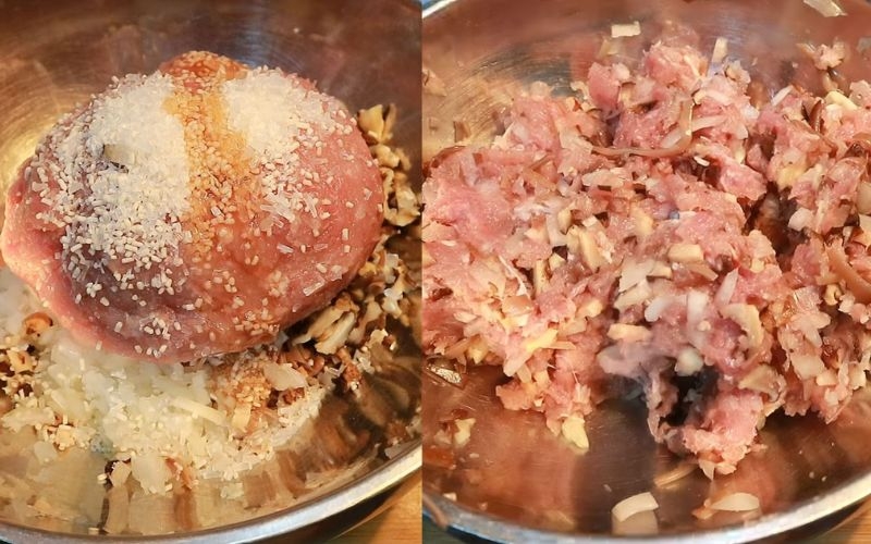 Trộn nguyên liệu làm bí đỏ chiên thịt