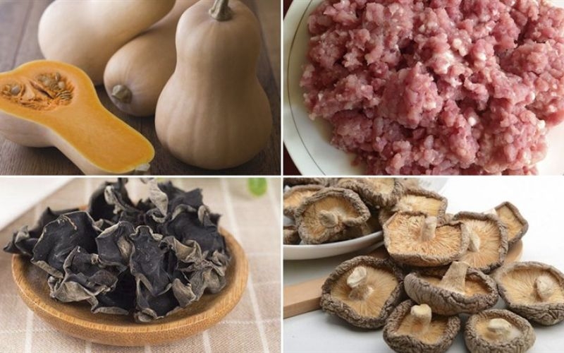 Các nguyên liệu bí đỏ chiên thịt bằm