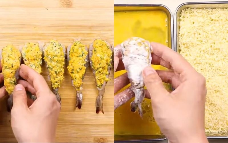Kẹp bí đỏ vào tôm và lăn bột