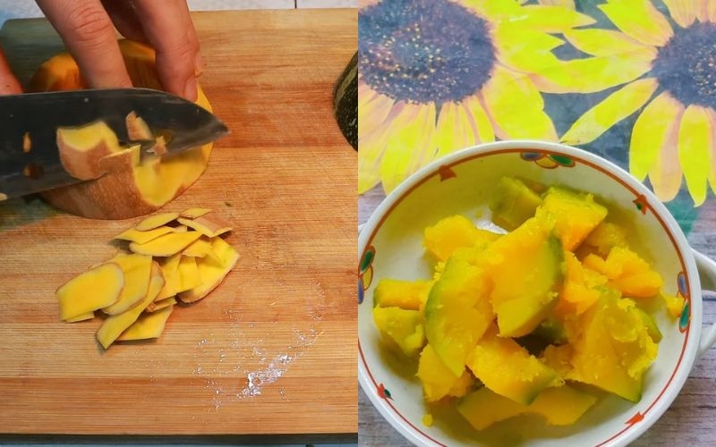 Cắt bí đỏ thành miéng vuông
