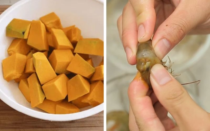 Sơ chế nguyên liệu làm bí đỏ nấu tôm tươi