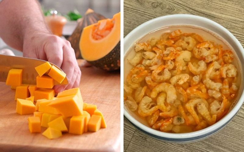 Sơ chế nguyên liệu làm bí đỏ nấu tôm khô