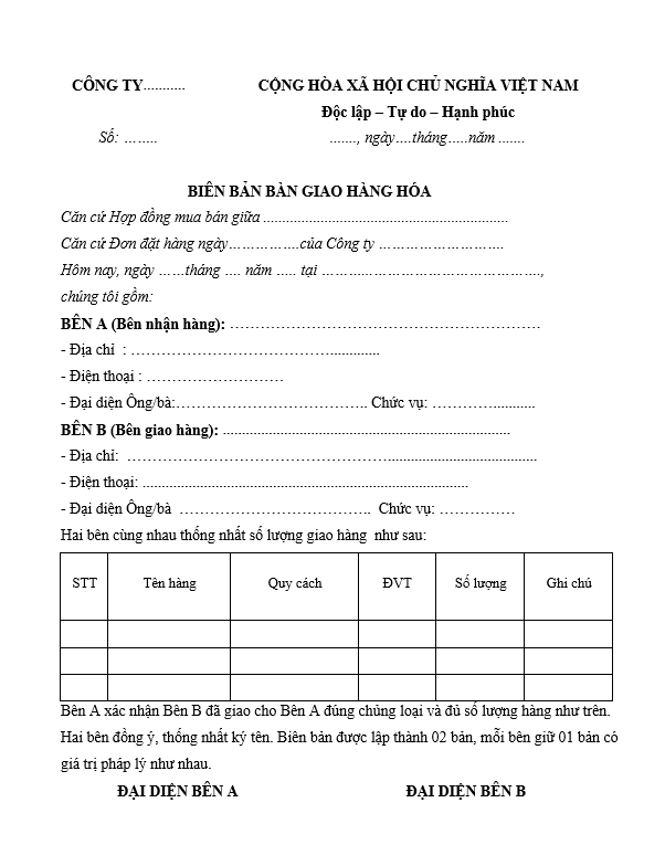 mau bien ban giao nhan hang hoa don gian