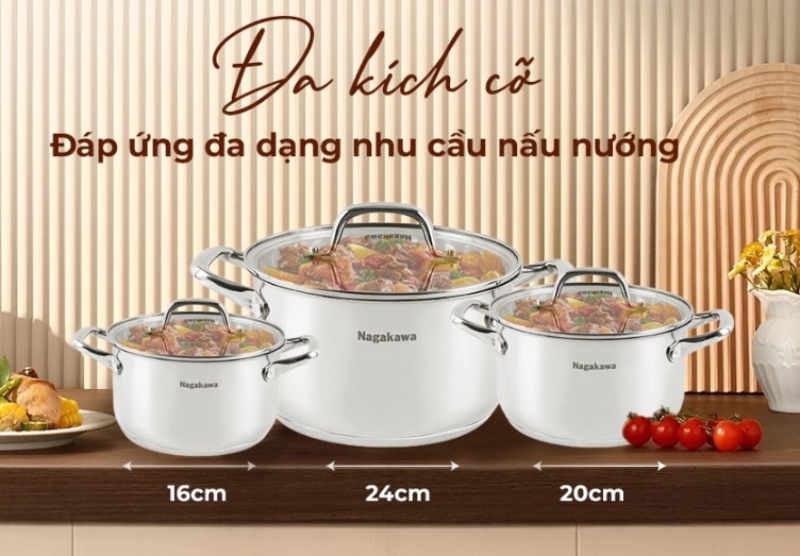 Bộ 3 nồi inox 5 đáy Nagakawa NAG1360 - hình 2