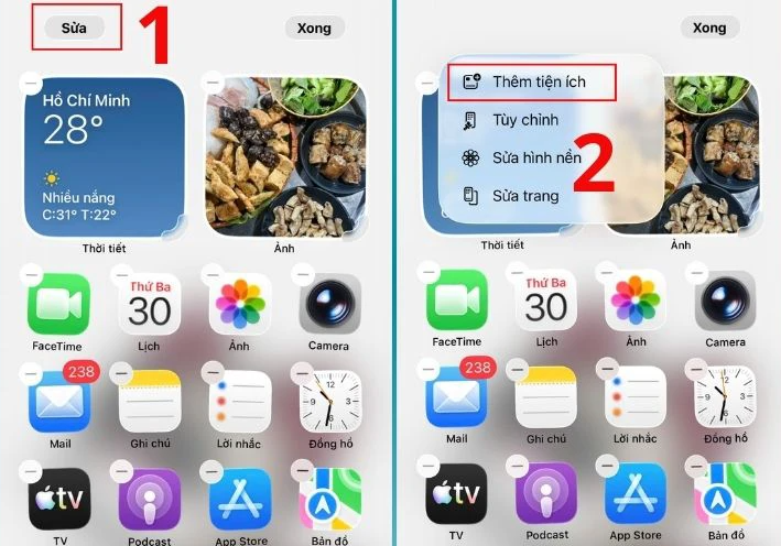 Nhấn giữ vào màn hình chính iPhone rồi chọn Sửa