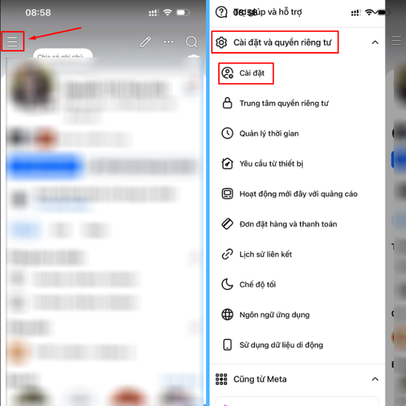 Chọn mục Cài đặt và quyền riêng tư