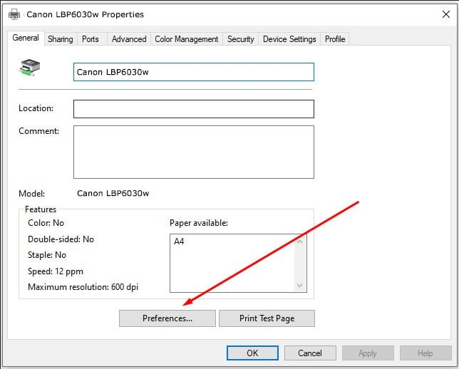 Chọn tab Preferences trong cửa sổ Printer Properties