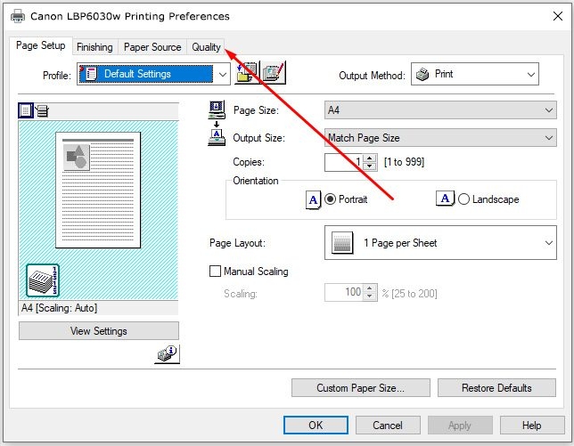 Chọn tab Quality trong cửa sổ Printing Preferences