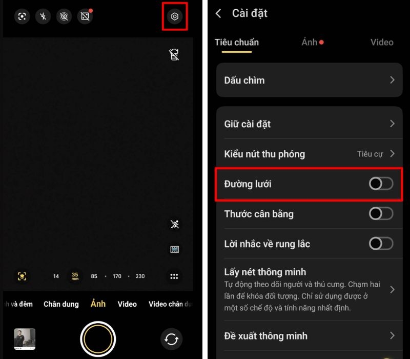 Cách chụp ảnh đẹp trên điện thoại vivo là bật lưới chụp ảnh