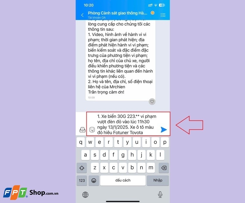 gửi hình ảnh vi phạm giao thông qua Zalo 4