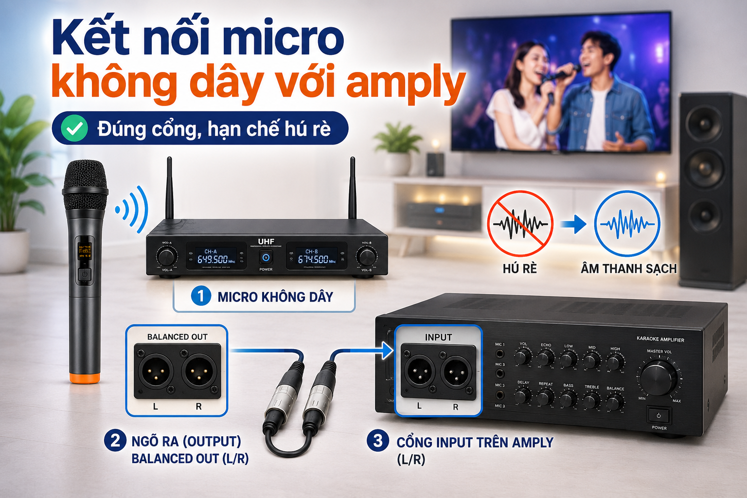 Cách kết nối micro không dây với amply đơn giản, đúng cổng và hạn chế hú rè khi hát karaoke