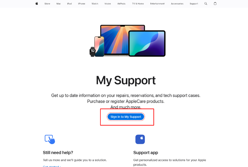 Mở trình duyệt rồi truy cập trang Apple My Support