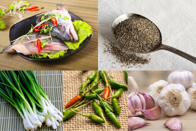 Nguyên liệu chuẩn bị để làm món đầu cá hồi kho tiêu