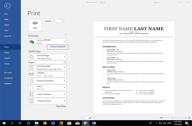 Chon Printer Properties khi su dung may in Canon LBP 2900