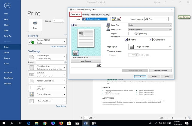Tuy chon Page Setup trong cài đặt in máy in Canon LBP 2900