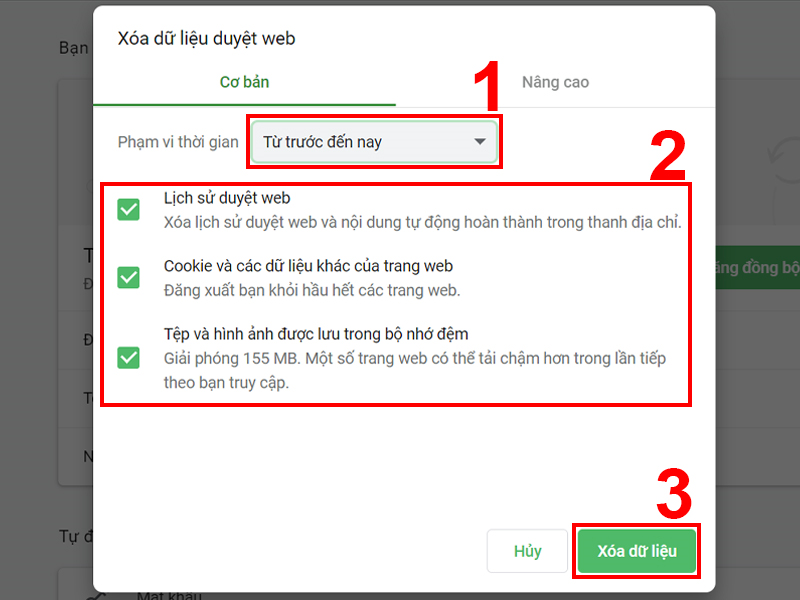 Xóa cache và dữ liệu duyệt web