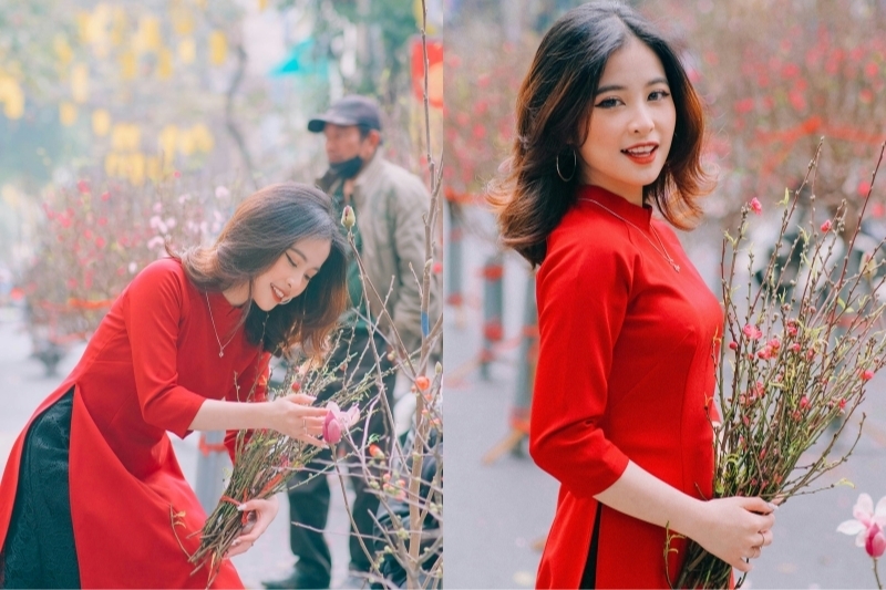 Chụp ảnh áo dài với hoa, chợ hoa ngày xuân 1