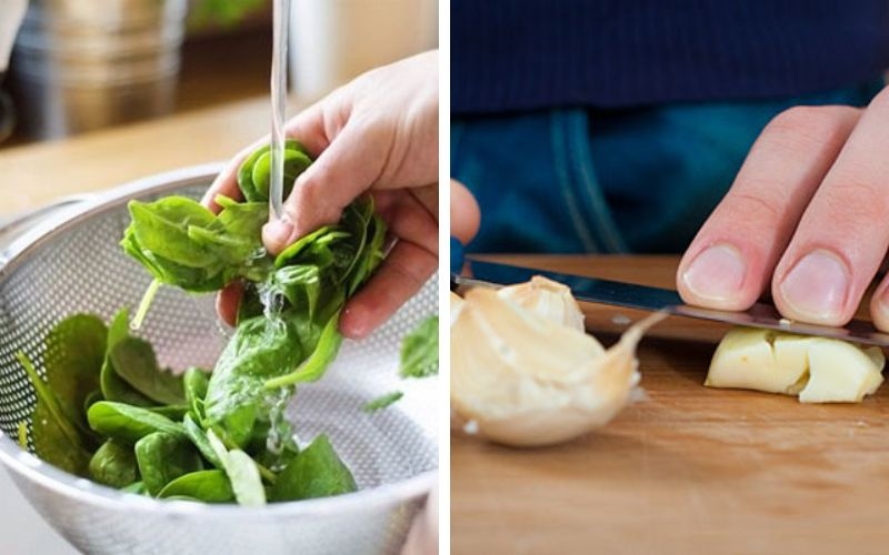 Sơ chế nguyên liệu làm cải bó xôi xào tỏi