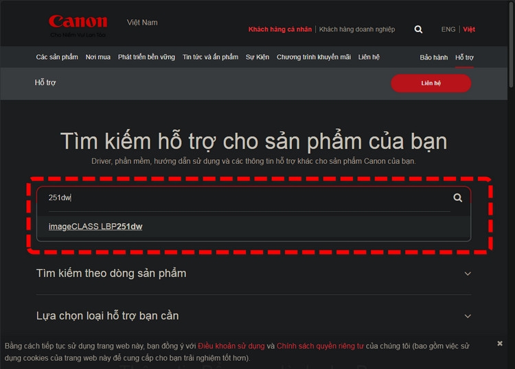 Truy cập mục Hỗ trợ trên website Canon Vietnam
