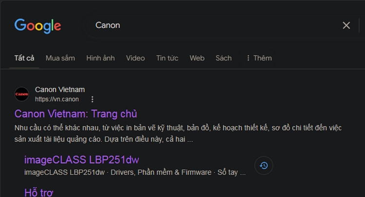 Tìm kiếm từ khóa Canon trên Google để tải driver máy in Canon 251dw