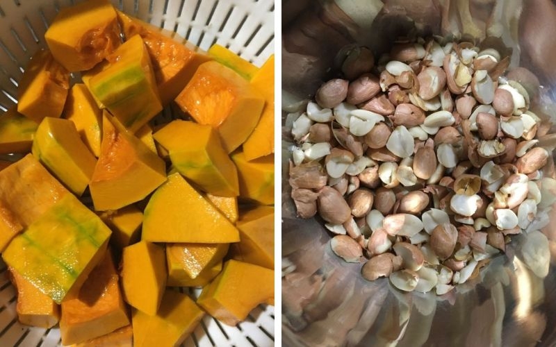 Sơ chế nguyên liệu nấu canh bí đỏ nấu đậu phộng chay