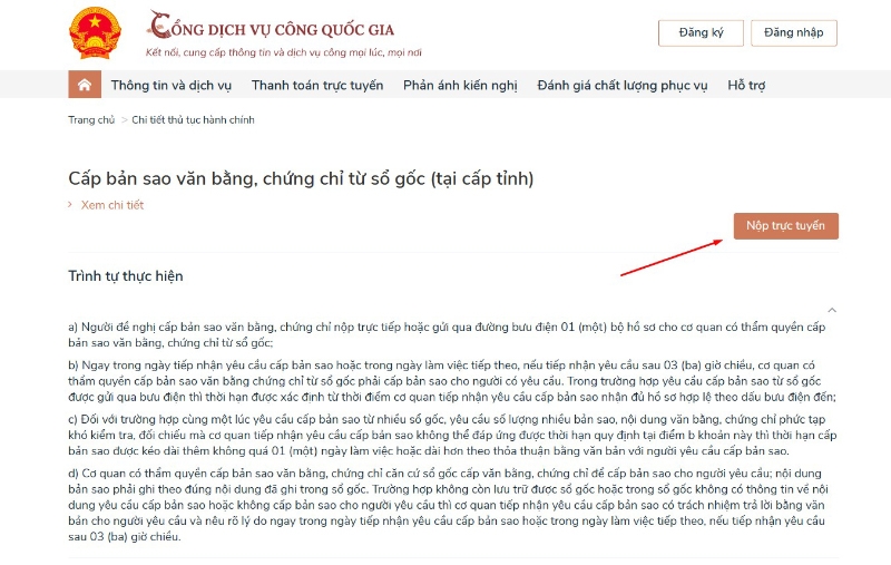 chọn thủ tục Cấp bản sao văn bằng, chứng chỉ từ sổ gốc (tại cấp tỉnh) và nhấn Nộp trực tuyến
