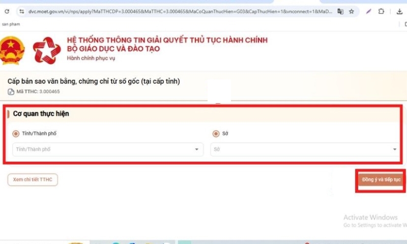 Bước 3: Chọn cơ quan thực hiện và điền thông tin