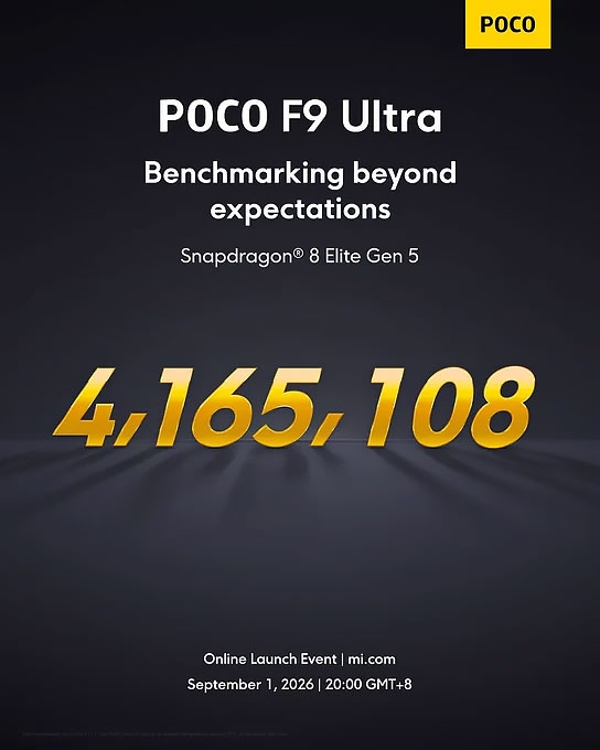 POCO F9 Ultra đạt 4.165.108 điểm AnTuTu trong bài thử nghiệm nội bộ của Xiaomi.
